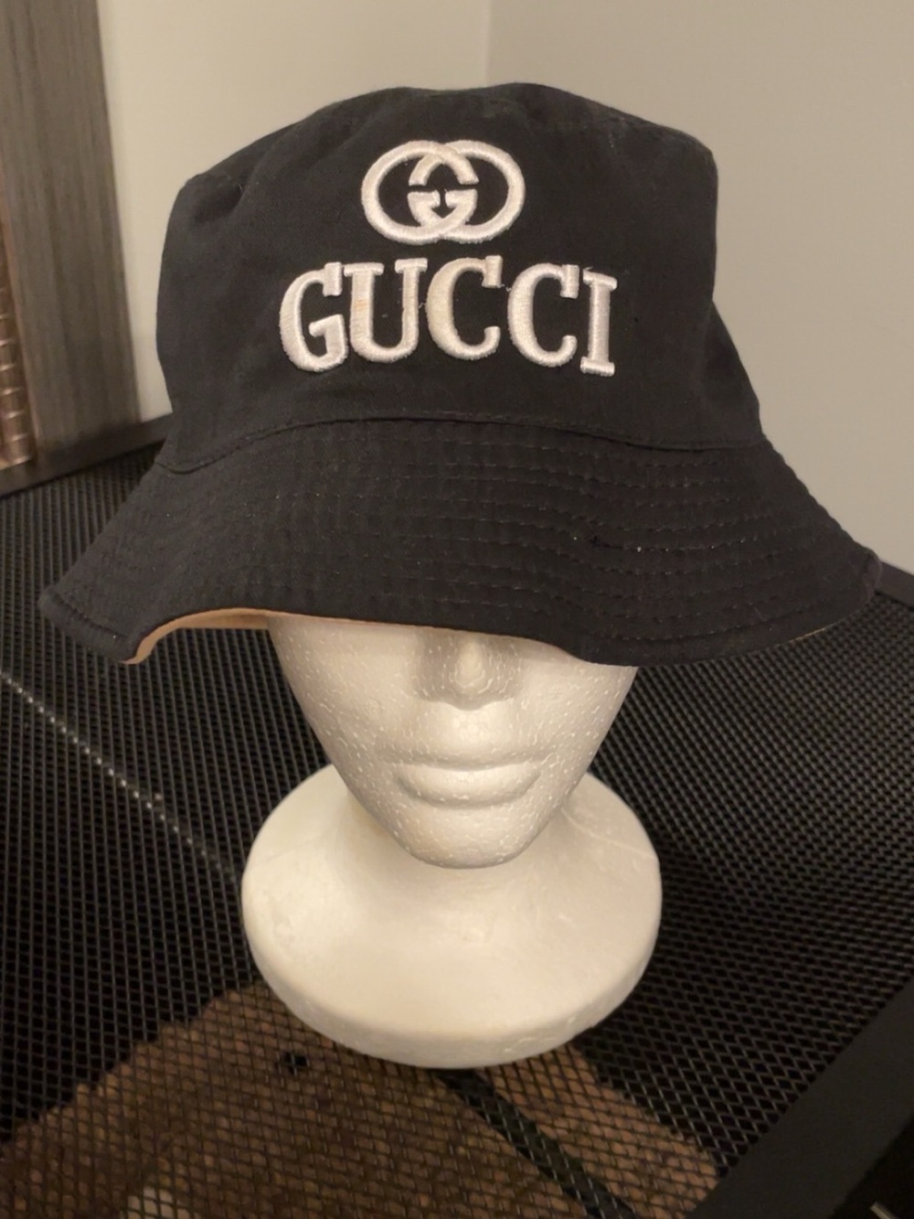 Gucci Black Bucket Hat with White Embroidered Logo